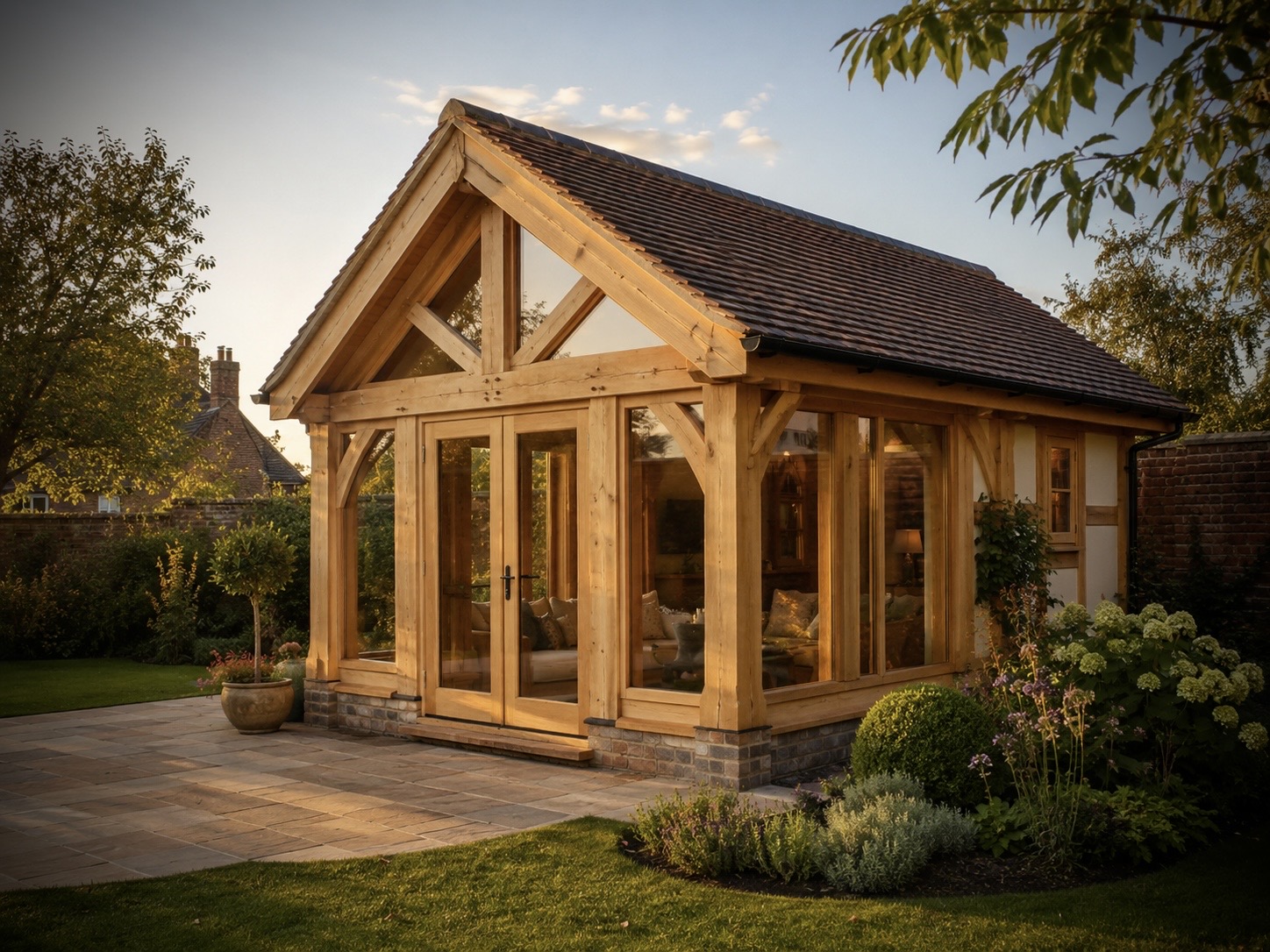 Oak-framed garden room with glazed gable and French doors at dusk